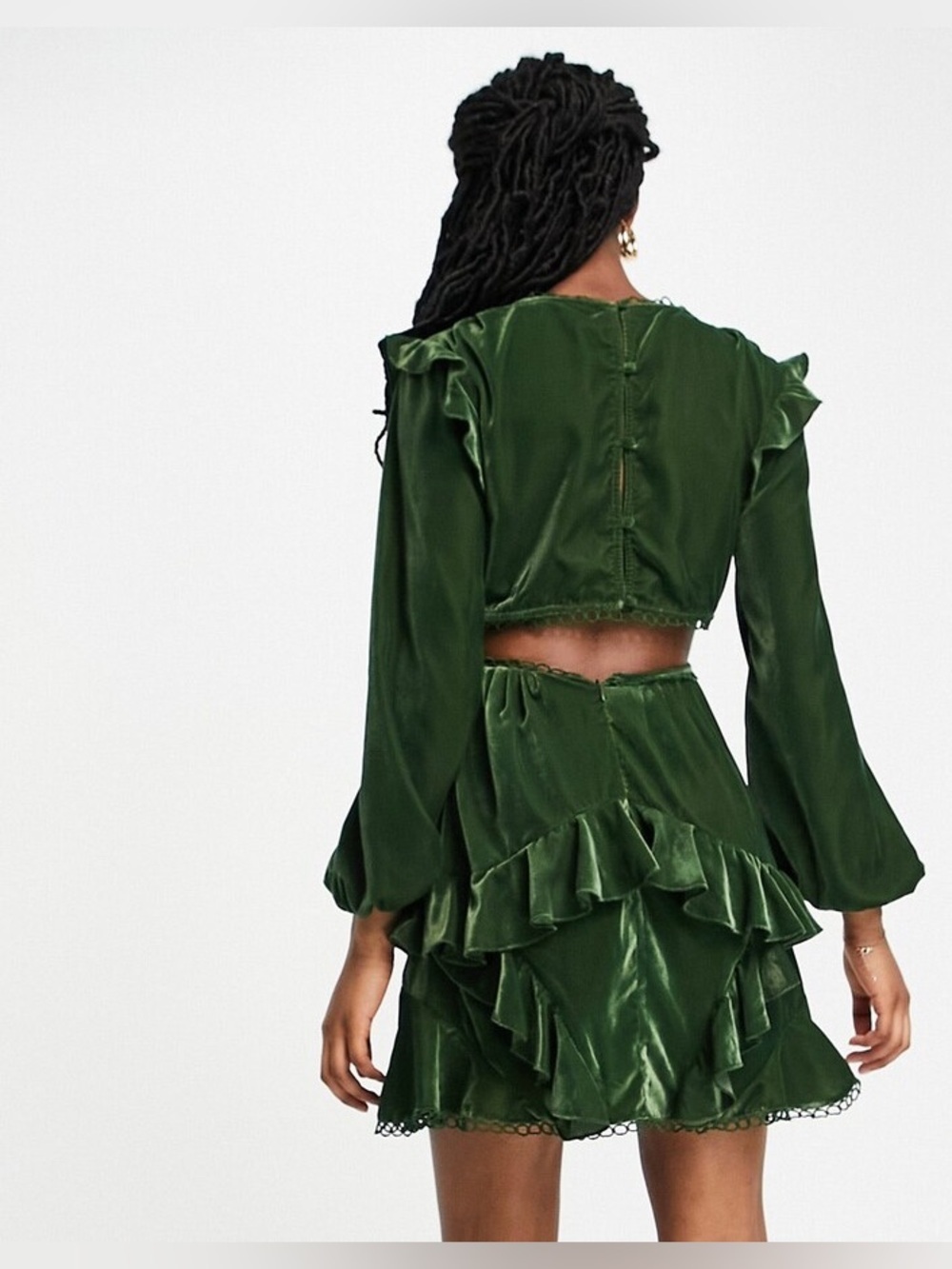 ASOS Emerald Green Velvet Ruffle Romantic Mini Dress Size 4 - Picture 4 of 9
